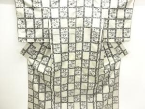 アンティーク　格子に花模様織出し十日町紬着物